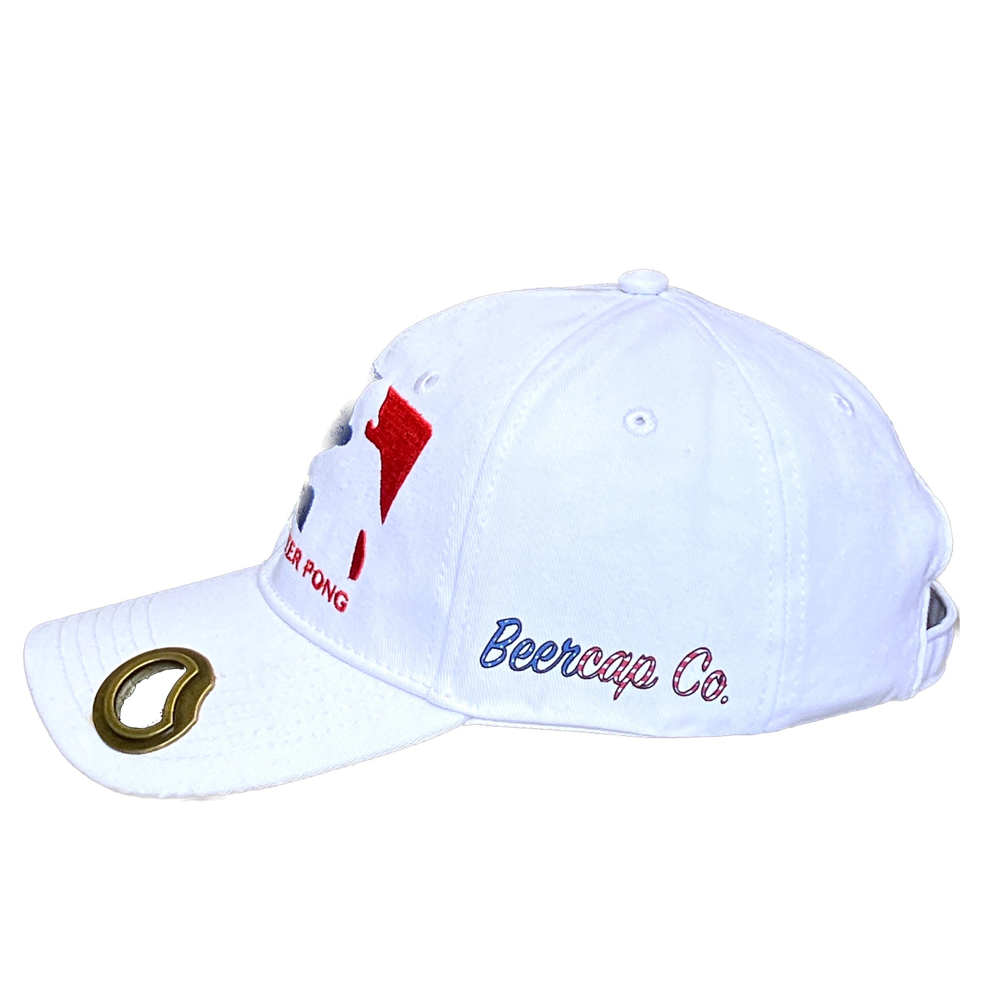 Bottle opener hat with Major League Beer Pong with Funny Patriotic theme and bottle opening brim sold by Beercap Co.