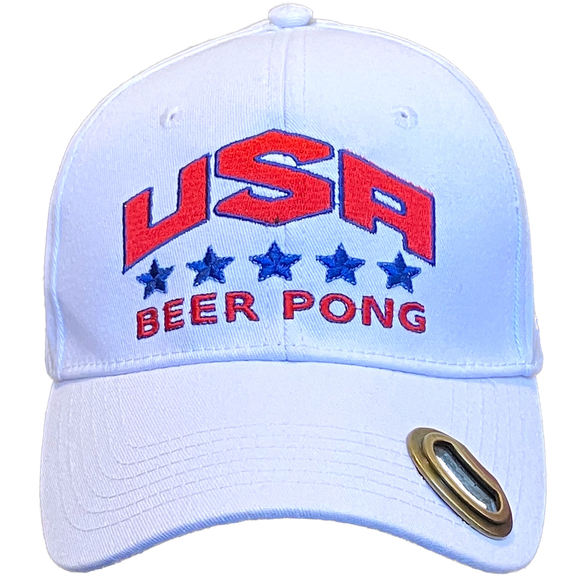 Bottle opener hat with USA Beer Pong with Funny Patriotic theme and bottle opening brim sold by Beercap Co.