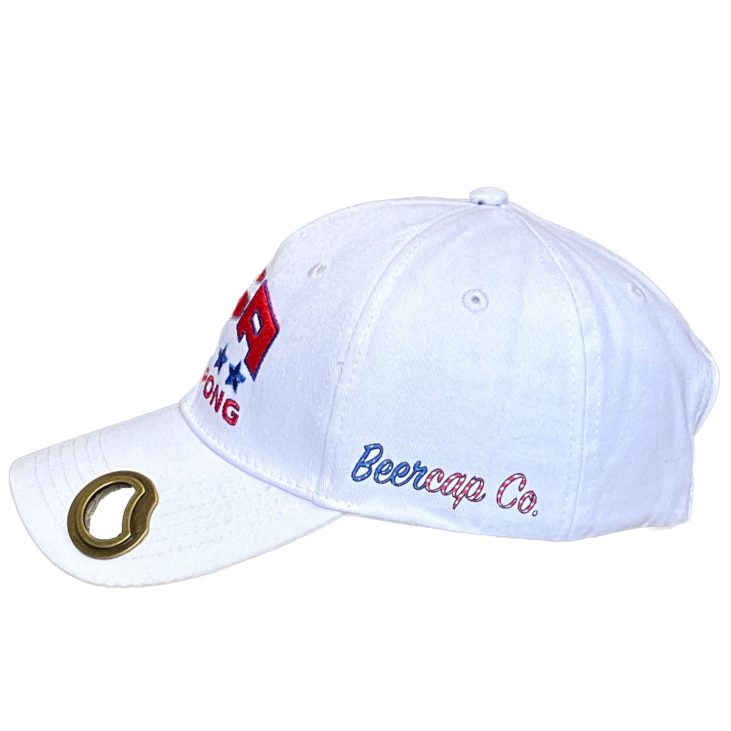 Bottle opener hat with USA Beer Pong with Funny Patriotic theme and bottle opening brim sold by Beercap Co.