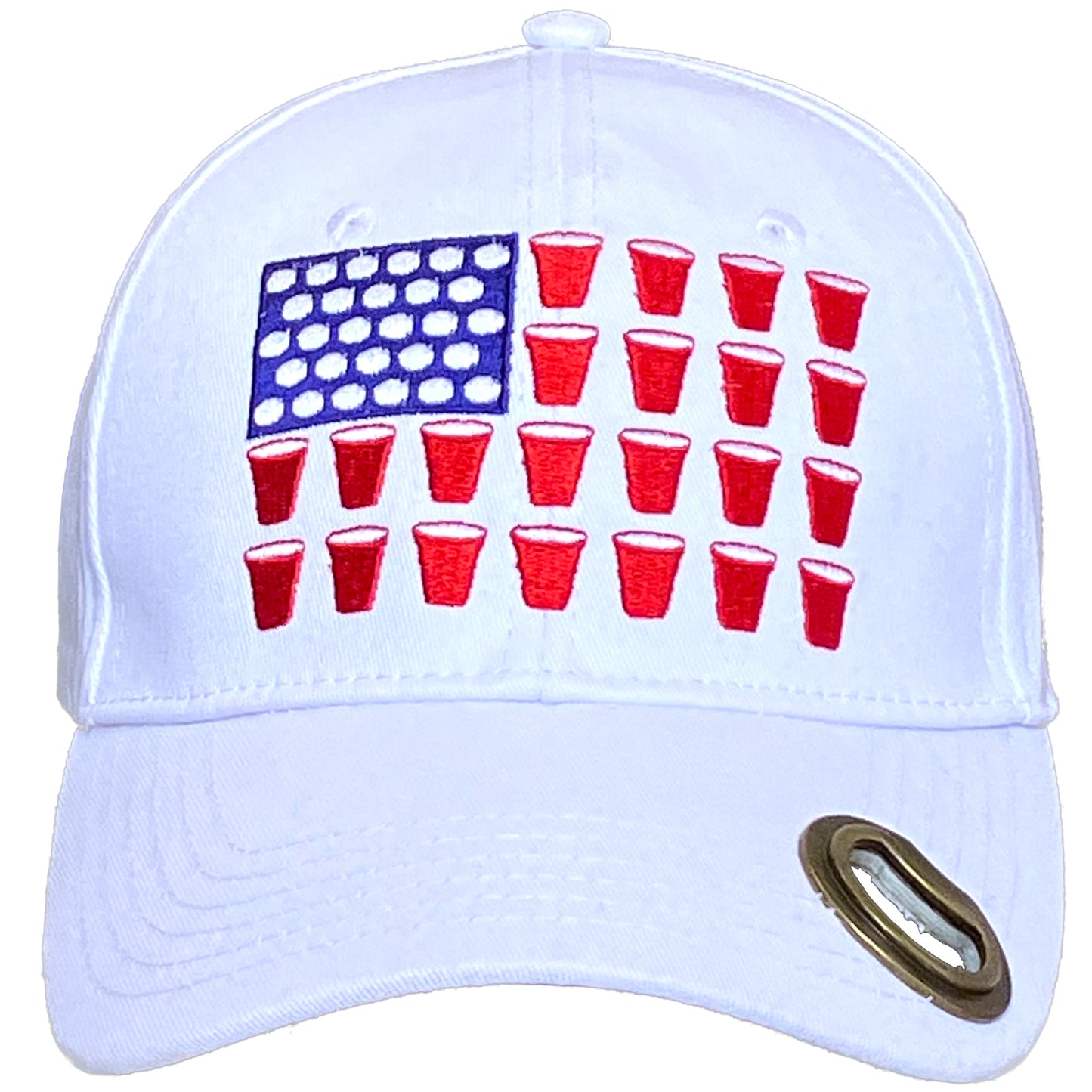 Bottle opener hat with American Flag with Beer Pong theme and bottle opening brim sold by Beercap Co.