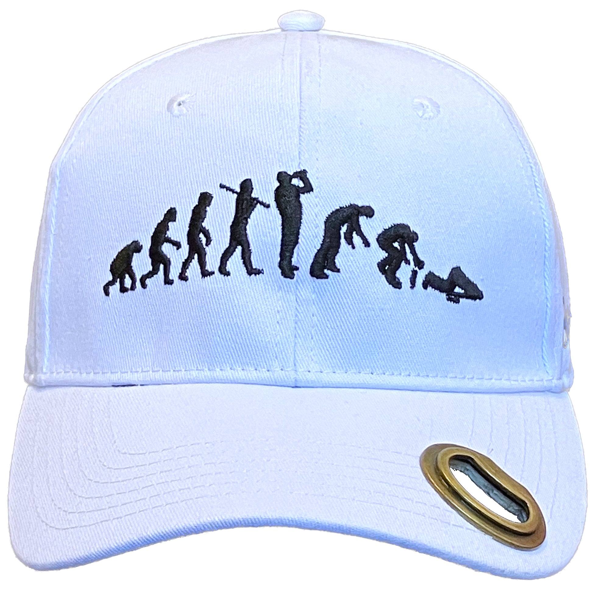 Bottle opener hat with Devolution of Man theme with Funny Drinking hat theme and bottle opening brim sold by Beercap Co.