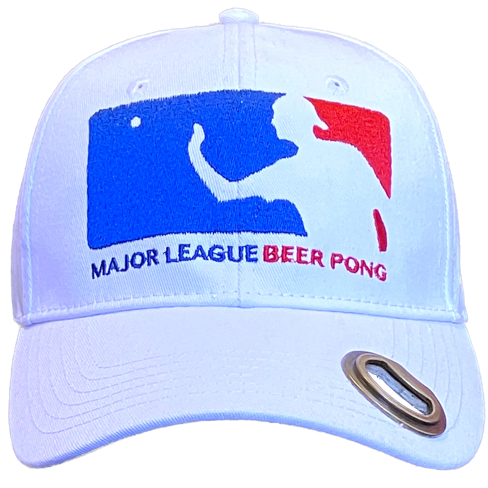 Bottle opener hat with Major League Beer Pong with Funny Patriotic theme and bottle opening brim sold by Beercap Co.