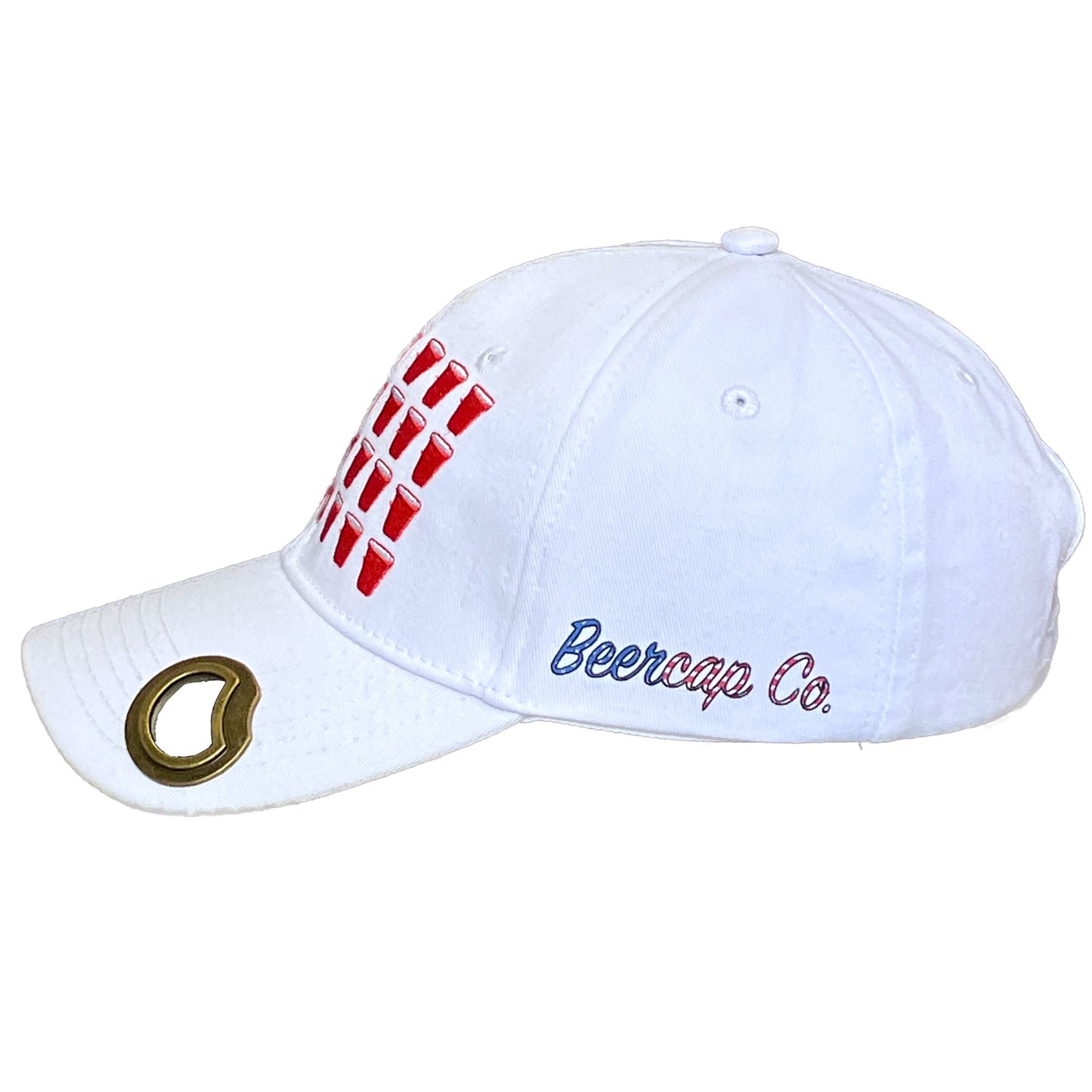 Bottle opener hat with American Flag with Beer Pong theme and bottle opening brim sold by Beercap Co.